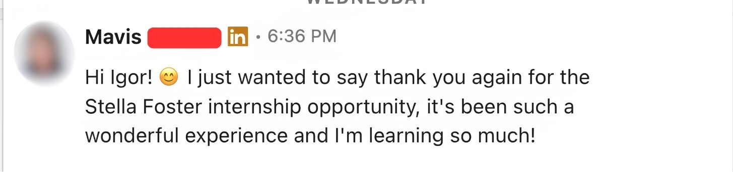 Chat message from Mavis thanking for the Stella Foster internship opportunity and the learning experience