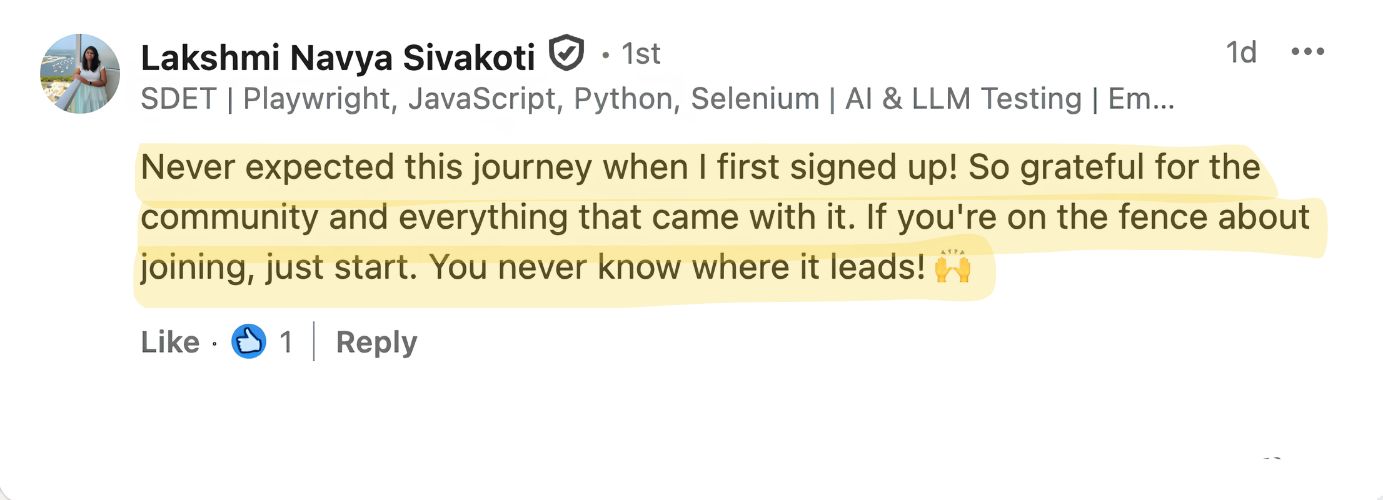 LinkedIn comment from Lakshmi Navya Sivakoti: never expected this journey when I first signed up; if you're on the fence about joining, just start