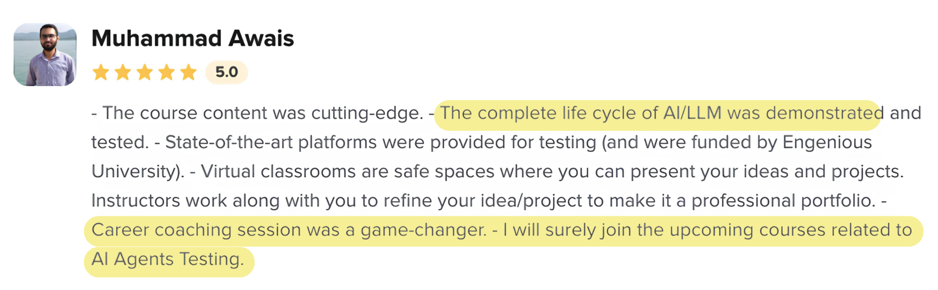 Five-star review from Muhammad Awais praising the AI/LLM course content, funded testing platforms, and career coaching session