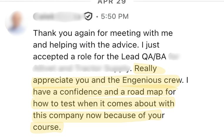 Chat message: a graduate thanks the Engenious crew and announces they accepted a Lead QA/BA role
